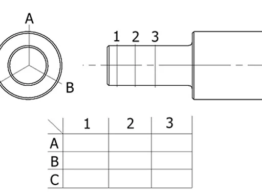 Shaft measurement positions diagram showing cross-sections 1, 2, 3 and points A, B, C